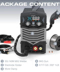 MIG Welder 140A 110V 3 In 1 Flux Core Stick And Lift TIG Gasless Inverter with MIG gun, electrode holder, and work clamp