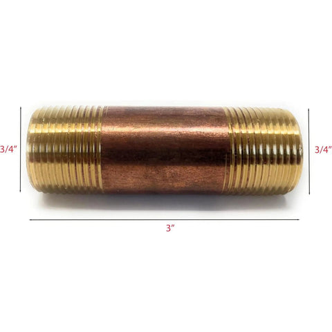 Lead Free Brass Long Nipple Three Quarter Inch By Three Quarter Inch 3 Inch Length Male NPT Pipe Fitting, side view
