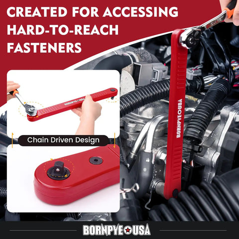 Beefy Offset Extension Wrench Set with Impact Ready Socket Extender shown installed in engine, 13.4 inch reach for tight spaces.