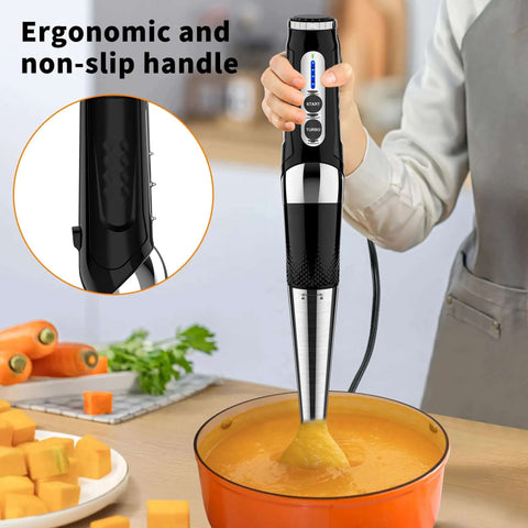 The Badass 21-Speed Handheld Immersion Blender With 3-Angle Adjustable Shaft And Comfortable Grip blending soup in an orange pot.