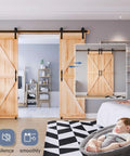 Heavy Duty 8 Foot Double Sliding Barn Door Track And Handle Kit Gliding Smooth As Butter With Precision Ball Bearings And Rugged Black Coating For A Total No Sweat Install in a modern room with wooden doors.