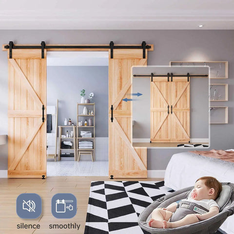 Heavy Duty 8 Foot Double Sliding Barn Door Track And Handle Kit Gliding Smooth As Butter With Precision Ball Bearings And Rugged Black Coating For A Total No Sweat Install in a modern room with wooden doors.