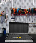 Open Rugged Aluminum Case With Foam Inserts Portable Hard Case Organizer For Tools And Gear on a workbench