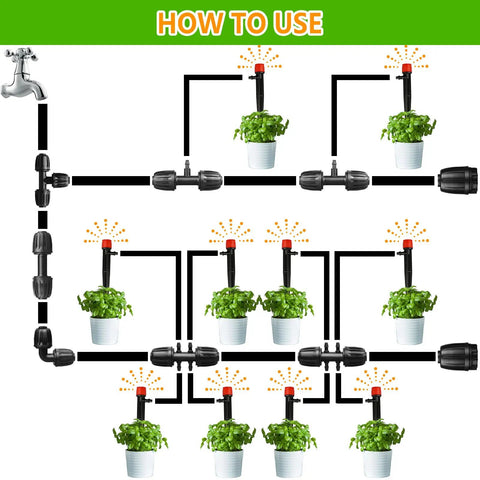 Diagram of Half Inch Drip Irrigation Tubing Couplings Kit, 12 Barbed Locking Connectors for Drip Tubing setup in garden