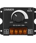 Front view of LED Light Strip Dimmer Controller With Aluminum Housing 12V To 24V DC 30A PWM Brightness Rotating Knob On Off Switch
