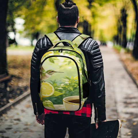 Person wearing Tropical Hummingbird Lemon Coffee Print Unisex Backpack With Large Capacity in a park setting, back view