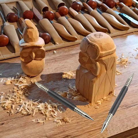Dual Head Hammerless Nail Setter 2-In-1 Nail Set For 1/32 Inch And 1/16 Inch Nails beside carved wooden owls on table
