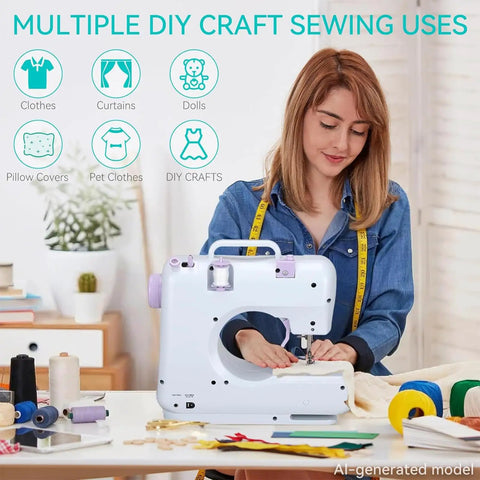 Woman using Portable Mini Sewing Machine For Beginners With Dual Speed And 12 Stitches Foot Pedal And Accessories Kit for DIY crafts