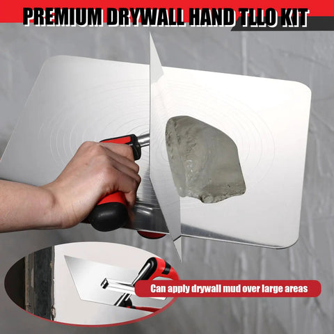 11 Inch Stainless Steel Drywall Finishing Trowel and 13 Inch Aluminum Hawk Board Holder Construction Set in use with drywall mud
