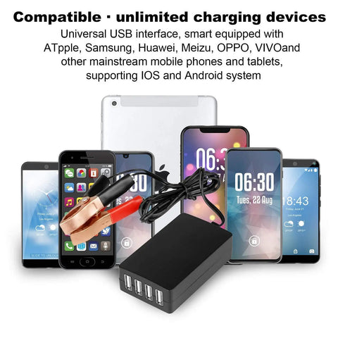 4 Port 5V USB Car DC Converter Charger 8A Buck Regulator With Battery Clip surrounded by various smartphones and tablets