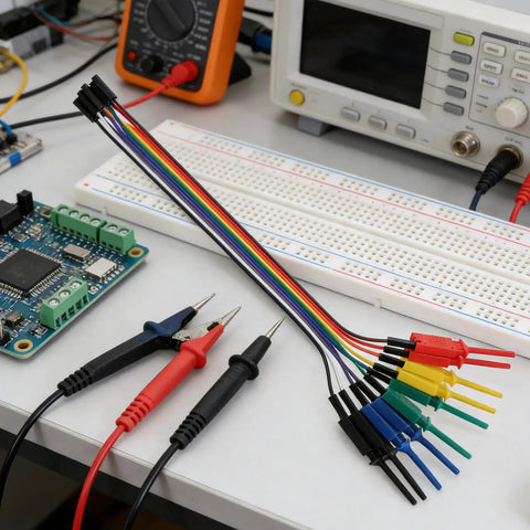 Micro SMD Grabber Clips for Logic Analyzer and Oscilloscope Probes next to a breadboard and circuit for debugging work