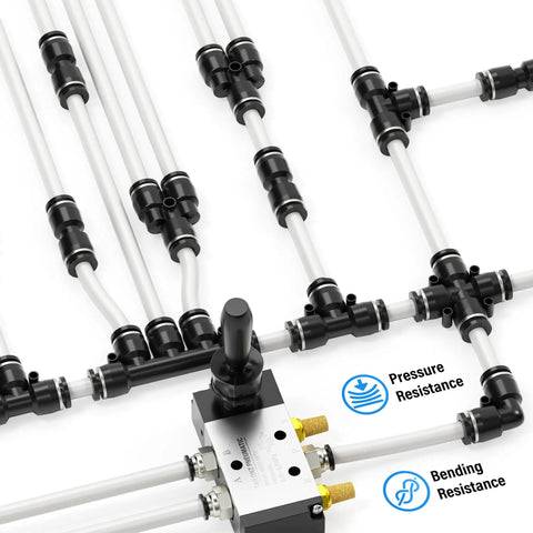 Rugged White Nylon Air Brake Hose Tube Quarter Inch Bore Three Eighths Wall Thirty Two Foot Heavy Duty Pneumatic Line with fittings for air flow.