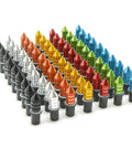 Colorful anodized aluminum motorcycle windshield fairing screws and bolts for OEM and aftermarket use, arranged in rows