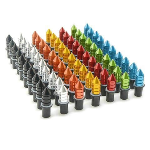 Colorful anodized aluminum motorcycle windshield fairing screws and bolts for OEM and aftermarket use, arranged in rows