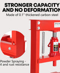 Close-up of Workhorse 20 Ton Hydraulic H Frame Shop Press With Adjustable Table And Stamping Plates, red finish.