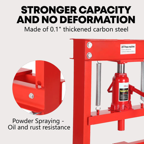 Close-up of Workhorse 20 Ton Hydraulic H Frame Shop Press With Adjustable Table And Stamping Plates, red finish.