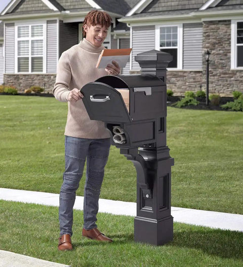 Man using Atherton Mail Post For Side And Undermount Mailboxes, No-Fuss Install, Weather Resistant Outdoor Post, Onyx Black Finish.
