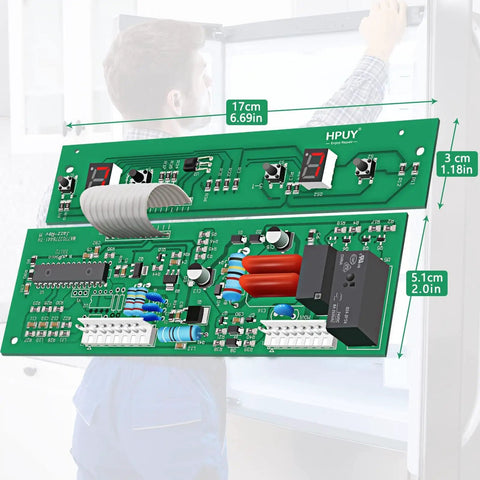 Replacement Refrigerator Main Control Jazz Board W10503278 dimensions on green circuit board with installation scene