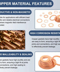 Premium Copper Flat Washers M16 20 Pack Heavy Duty Round Gaskets showing features of copper material and sealing properties.