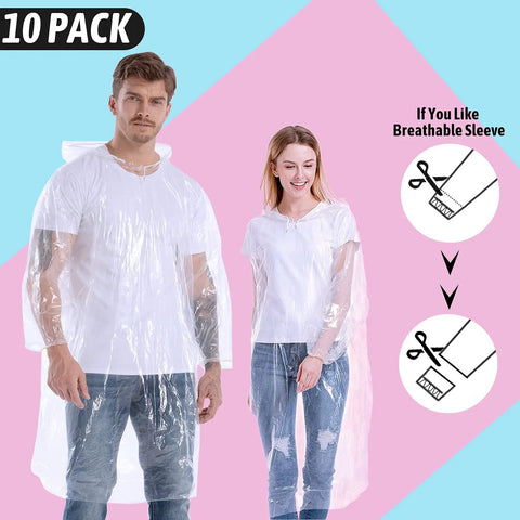 Grab And Go Clear Disposable Rain Ponchos For Adults With Hood 10 Pack Family Emergency Ponchos No Fuss Rain Gear showing male and female models.