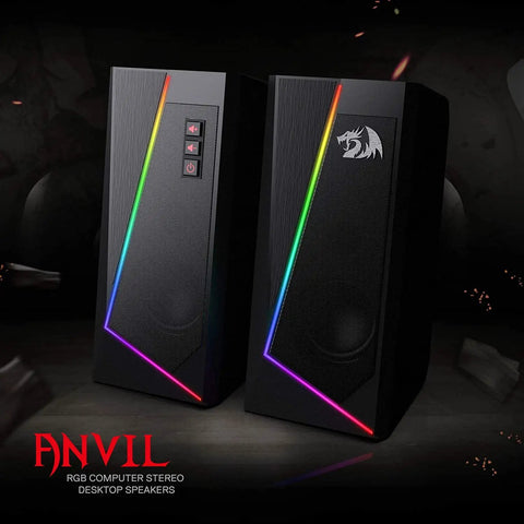 GS520 RGB Desktop Speakers 2.0 Channel PC Computer Stereo System with 6 LED Modes, showing front view with logo and controls.