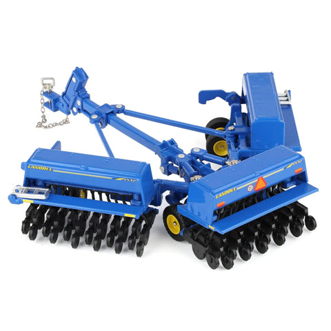 Realistic Dope One Sixty Four Scale Landoll 5532-30 Grain Drill Model Replica with diecast body and rubber wheels, front view
