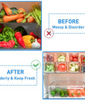 Before and after of fridge using 10 Pack Fridge Organizer Bins With Lids, Stackable Refrigerator Storage Containers For Produce, Fruit And Veggies, Clear Plastic Bins For Food And Drinks, Space Saving Kitchen Organizer