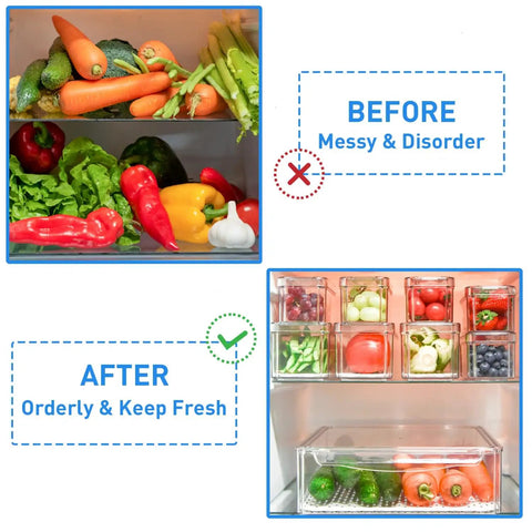 Before and after of fridge using 10 Pack Fridge Organizer Bins With Lids, Stackable Refrigerator Storage Containers For Produce, Fruit And Veggies, Clear Plastic Bins For Food And Drinks, Space Saving Kitchen Organizer
