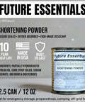Front view of a 12 oz can of shelf-stable shortening powder for frying and baking, made in USA, shown on a grey background.