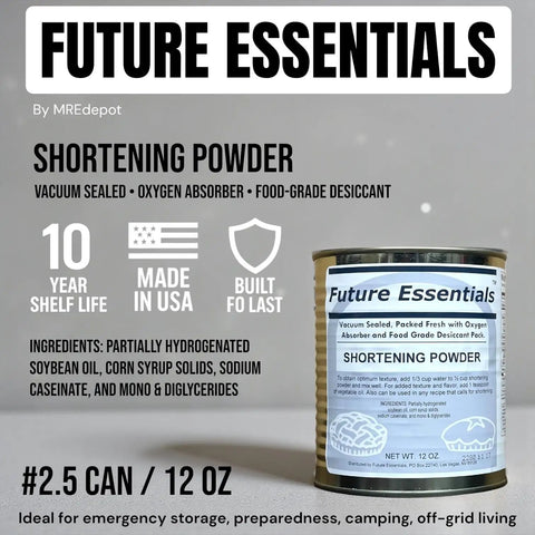 Front view of a 12 oz can of shelf-stable shortening powder for frying and baking, made in USA, shown on a grey background.