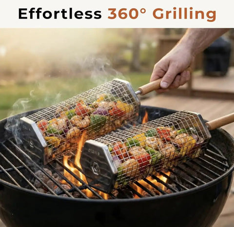 Two Pack Rolling Grill Basket For Even Cooking With Lid And Removable Wooden Handle Stainless Steel BBQ Grilling Basket For Vegetables Shrimp And Meat Outdoor Cooking Gift For Dad Or Husband on charcoal grill with vegetables.