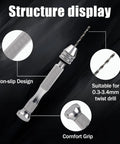 112 Piece Precision Pin Vise Hand Drill Kit With 3 Jaw Manual Drill Aluminum Alloy Non Slip Grip For Fine Detail Work, shown with 0.3-3.4mm bit