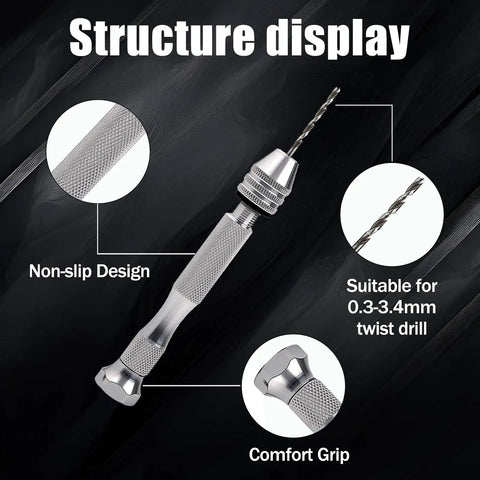 112 Piece Precision Pin Vise Hand Drill Kit With 3 Jaw Manual Drill Aluminum Alloy Non Slip Grip For Fine Detail Work, shown with 0.3-3.4mm bit