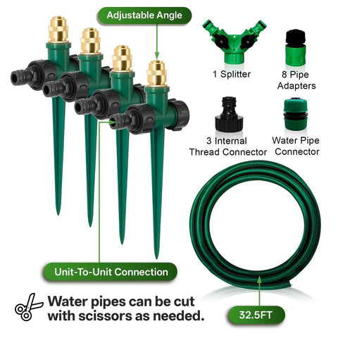 4 Pack Flexible Sprinkler System With Spike Base For Above Ground Lawn Irrigation, includes sprinklers and 32.5 ft hose