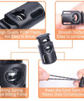 Close-up of 20 Pack Plastic Spring Cord Locks Toggle Stoppers For Paracord Drawstrings And Elastic Laces, black POM plastic.