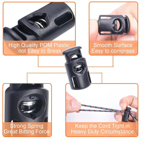 Close-up of 20 Pack Plastic Spring Cord Locks Toggle Stoppers For Paracord Drawstrings And Elastic Laces, black POM plastic.