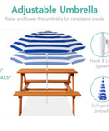 Wooden Kids Picnic Table With Umbrella For Backyard Play And Outdoor Fun Activity Table Set dimensions and adjustable umbrella