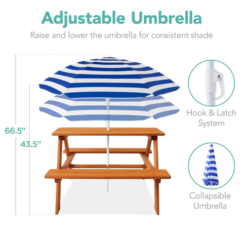 Wooden Kids Picnic Table With Umbrella For Backyard Play And Outdoor Fun Activity Table Set dimensions and adjustable umbrella