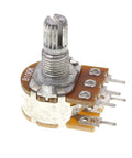 Close-up of Ten Pack Horizontal Single Turn Potentiometer With Switch 100K Ohm B100K 5 Pins 15mm Knurled Shaft Aluminum Alloy Knob Caps