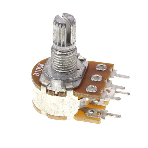 Close-up of Ten Pack Horizontal Single Turn Potentiometer With Switch 100K Ohm B100K 5 Pins 15mm Knurled Shaft Aluminum Alloy Knob Caps