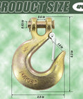Close-up of Two Pack Half Inch Clevis Slip Hooks With Safety Latch Forged G70 Steel, gold zinc plated with measurement details