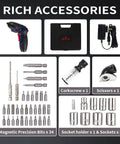 3 In 1 Cardboard Cutter, Cordless Screwdriver And Wine Opener Kit with accessories including 34 magnetic bits, 8 sockets, and corkscrew