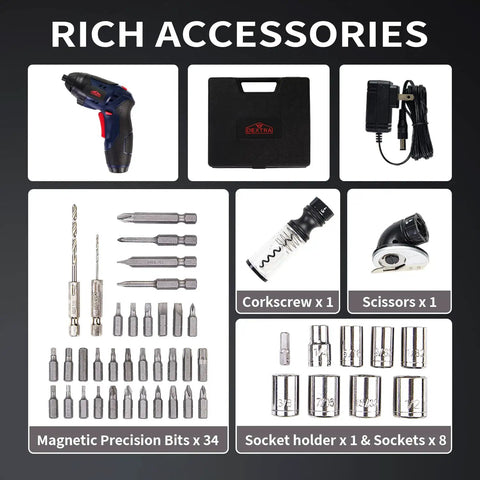 3 In 1 Cardboard Cutter, Cordless Screwdriver And Wine Opener Kit with accessories including 34 magnetic bits, 8 sockets, and corkscrew