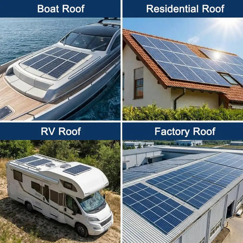 Rock Solid Solar Panel Mounting Kit With 10 Aluminum Rails 4 Mid Clamps And 6 End Clamps for boat, RV, residential, and factory roofs.