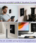 Heavy Duty Black GFCI Outlet With USB C And USB A Ports 8 Pack Self Testing GFCIs Socket installed in living room and bathroom settings.