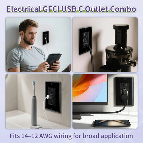 Heavy Duty Black GFCI Outlet With USB C And USB A Ports 8 Pack Self Testing GFCIs Socket installed in living room and bathroom settings.