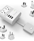 World Travel Plug Adapter M8 Max With 3 USB Ports And 18W USB C Fast Charge, 2 US Outlets, and multiple plug attachments.
