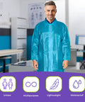 Adult in large blue disposable lab coat for healthcare, lightweight 40 GSM, hook-and-loop, elastic wrists, no pockets, unisex.