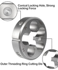 Close-up of 5/8-24 UNEF Tap And Die Set For Right Hand Machine Threads Pro Grade Round Die with threading details