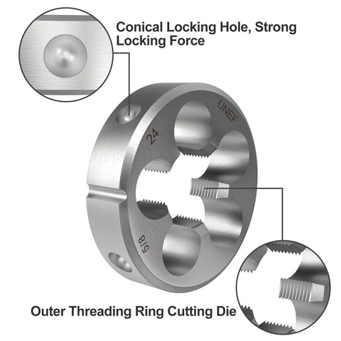 Close-up of 5/8-24 UNEF Tap And Die Set For Right Hand Machine Threads Pro Grade Round Die with threading details